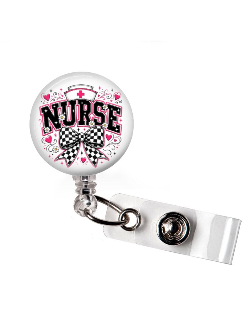 Pink Nurse Checkered Bow Badge Reel Nurse Gift Retractable ID Holder